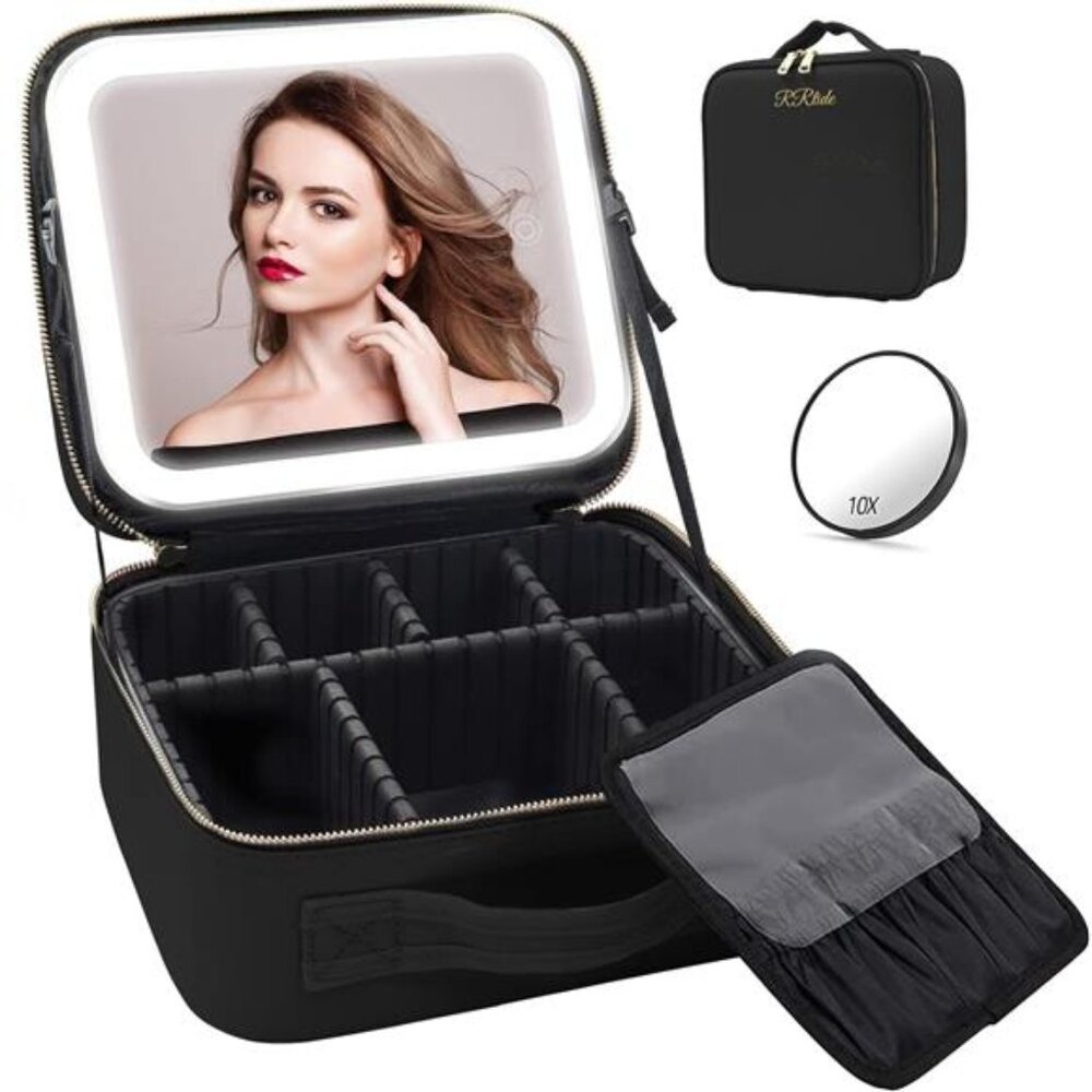 Travel Makeup Bag with Mirror of LED Lighted, Makeup Train Case with Dividers